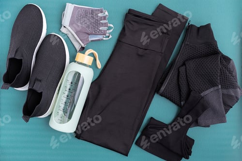 Preview: Fitness apparel and accessories laid out on a blue background.