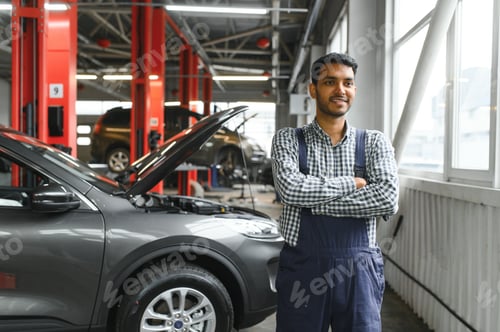 Preview: Indian car mechanic standing and working in service station.