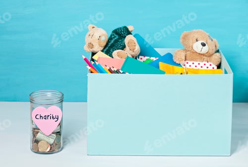 Preview: Coins, banknotes in money jar and box with donations