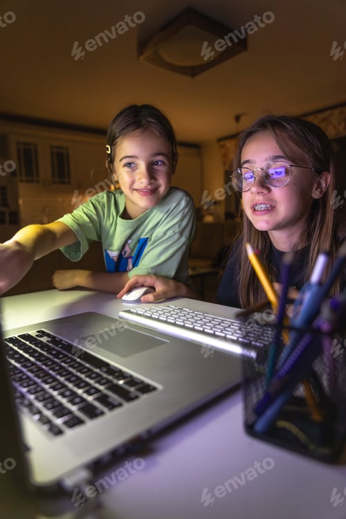 Preview: Two young girls at the computer at night.