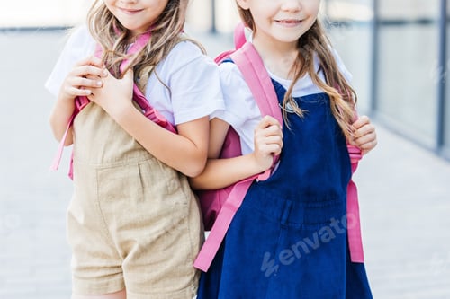 Preview: cropped shot of smiling schoolgirls with pink backpacks standing on street