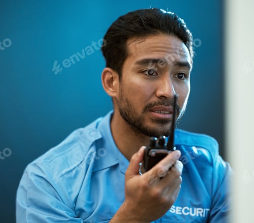 Preview: Man, walkie talkie and a security guard or safety officer in office with communication. Face of an