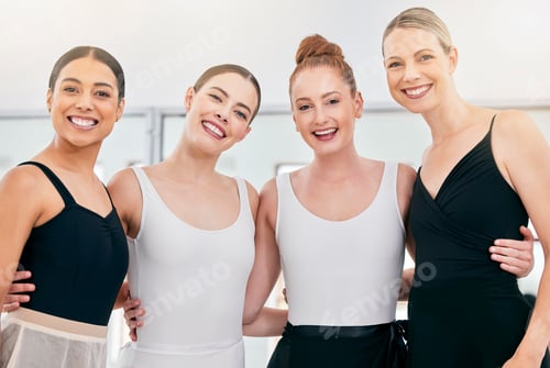 Preview: Ballet women, team support and fitness motivation portrait happy with dance growth and development
