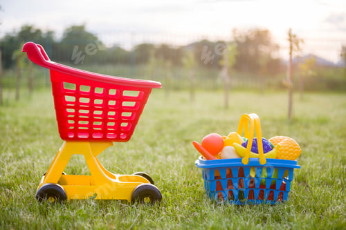 Preview: Shopping pushcart and a basket with toy fruits and vegetables. Bright plastic colorful toys for