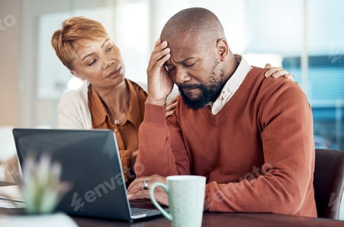 Preview: Sad couple, laptop or finance stress for tax, house mortgage loan or internet investment fail. Fina