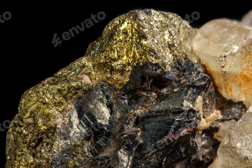 Vista previa: Macro of a mineral stone Sphalerite with fluorite and pyrite on a black background