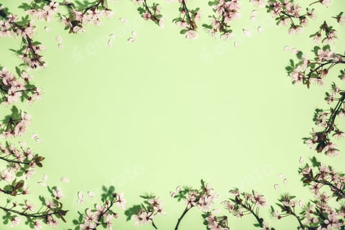 Preview: Spring border with cherry blossoms on green pastel background