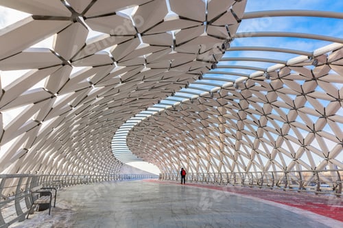 Preview: Modern architectural urbanistic Atyrau fish bridge across Ishim river. Pedestrian bridge with