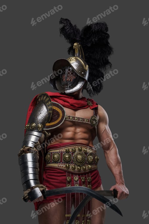Preview: Violent roman gladiator with helmet and twin swords