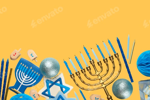 Preview: Various Hanukkah symbols and decorations arranged creatively
