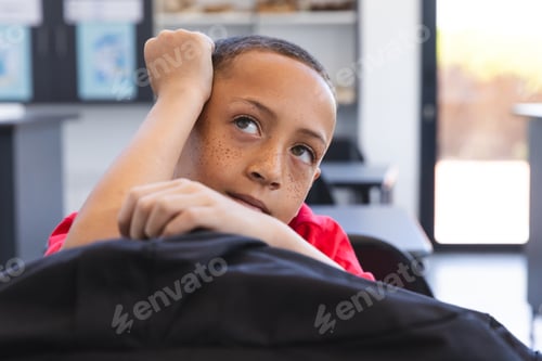 Preview: Biracial boy looks thoughtful in a classroom setting at school
