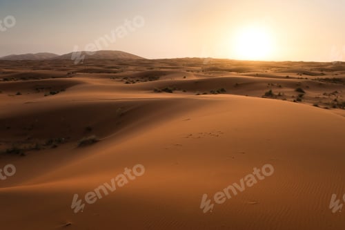 Preview: Erg Chebbi sunrise, Sahara Desert near Merzouga, Morocco, North Africa, Africa, background with copy