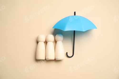 Preview: Human figures under umbrella on beige background, top view. Insurance concept