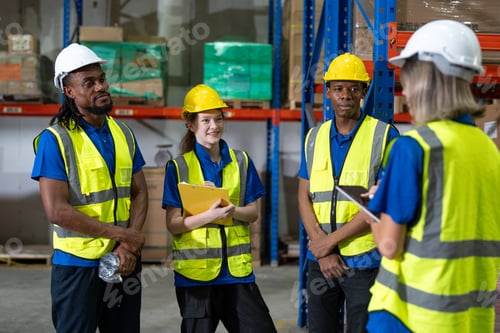 Preview: Man and woman warehouse worker team wearing vest and helmet safety meeting at storage factory.