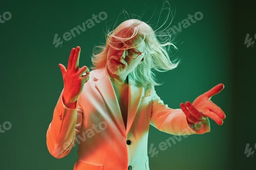 Preview: Creative portrait of an older man with long white hair and glasses, posed dramatically against a