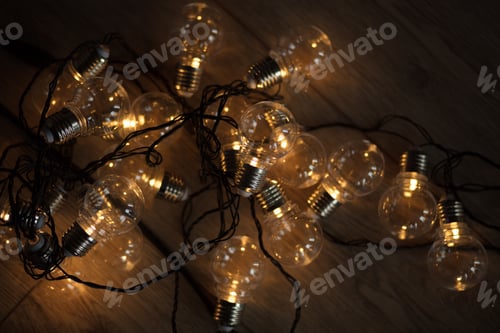 Preview: Lightbulb shaped Christmas lights frame. Flat lay, top view