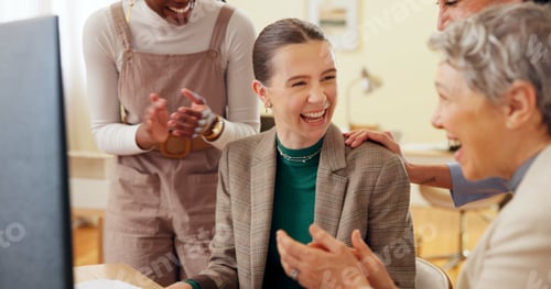 Preview: Excited, applause and business women on computer for celebration, online bonus and achievement. Cre