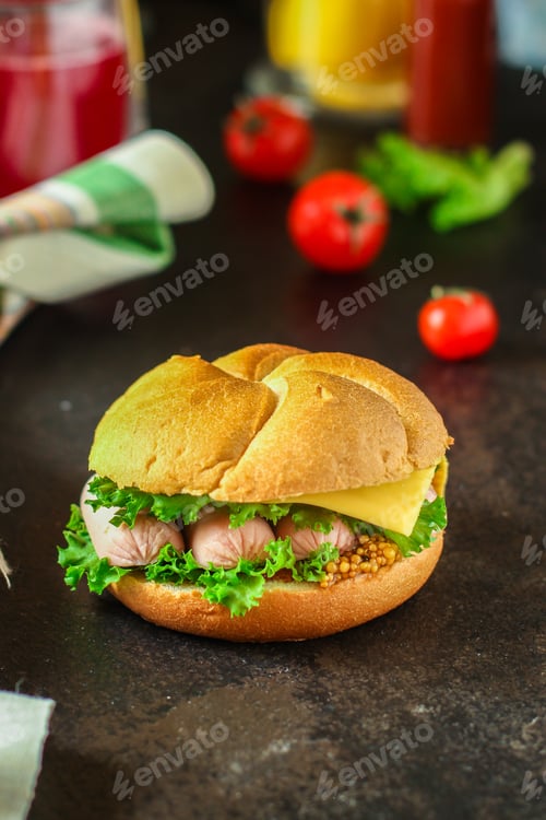 Preview: Burger With Sausages, Cheese, Lettuce, Tomato Sauce (Snack Sandwich, Kaiser Bun). Top, Food