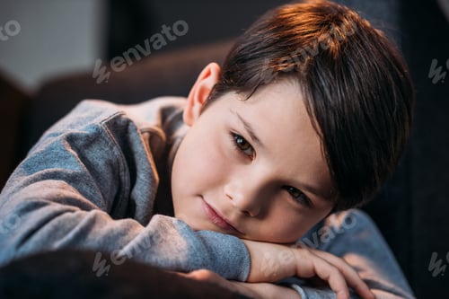 Vista previa: portrait of little cute boy smiling and looking at camera at home