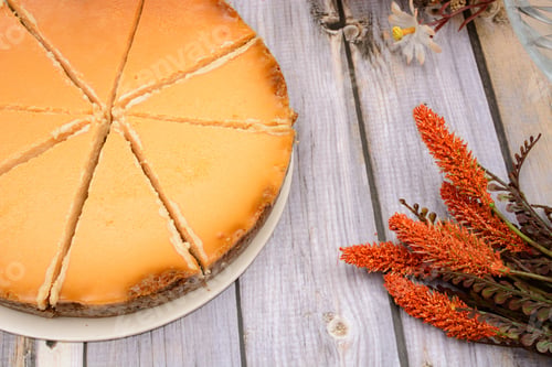 Preview: Homemade cheese pie on wooden table.