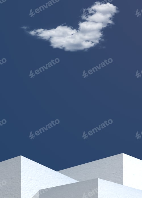 Preview: Building white wall exterior vertical against blue sky white clouds, Step stage display