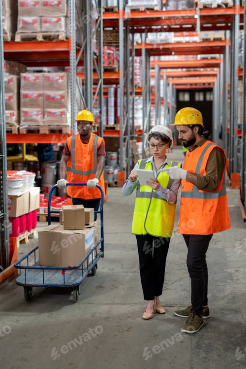 Preview: Warehouse coworkers searching for items via online catalog