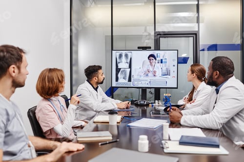Preview: Large group of intercultural medical workers watching online presentation