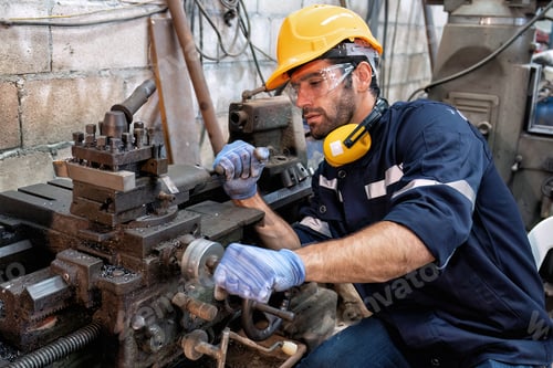 Preview: In robotic maintenance repair engineer lathe machine fabricate part and vernier caliper measuring