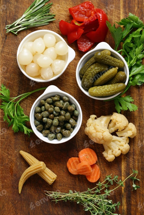 Preview: pickled vegetables - cucumbers, onions, corn