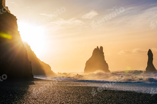 Preview: Reynisfjara black sand beach at sunrise, Vik, Iceland