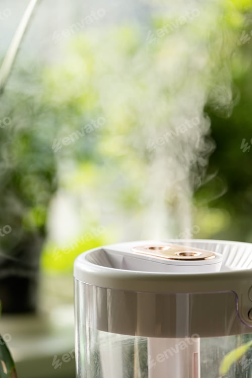 Preview: Modern air humidifier on table in living room full of plants. Space for text
