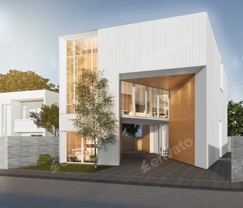 Aperçu: 3d rendering white cubic house with modern design