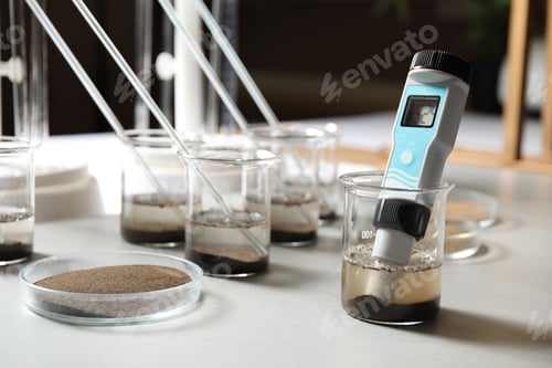 Preview: Measuring acidity and pH of soil on table. Laboratory analysis
