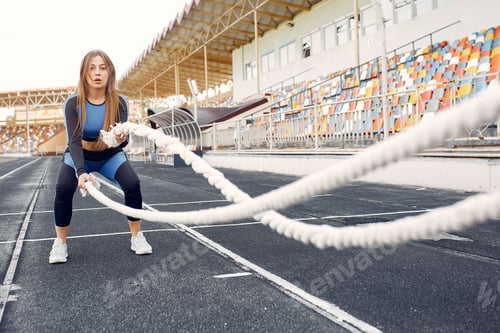 Preview: Sports girl in a blue uniform training at the stadium with rope
