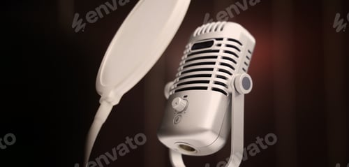 Preview: Microphone in studio. Professional studio microphone with a pop filter is suspended boom arm and studio lights. Set up mic for podcast voice over or recording high quality sound audio in a controlled.