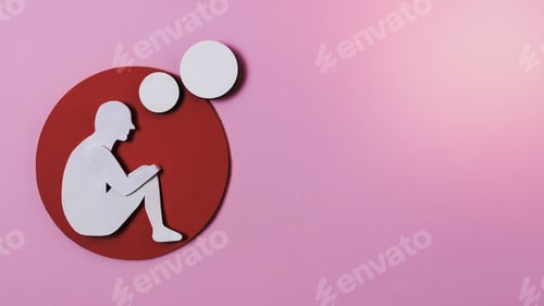 Preview: Paper cutout of a person thinking in a red circle against a pink background, with copy space