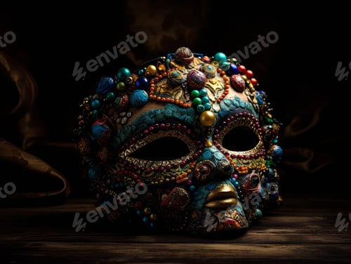 Preview: Festive carnival mask with colorful array of feathers, crystals, jewels decorating the front