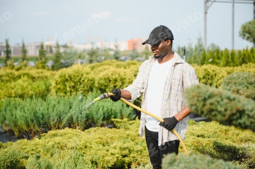 Preview: A young african american gardener cuts a tree with scissors. Gardening and tree shop concept