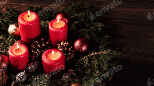 Preview: Red candles in advent wreath decoration on wooden dark background
