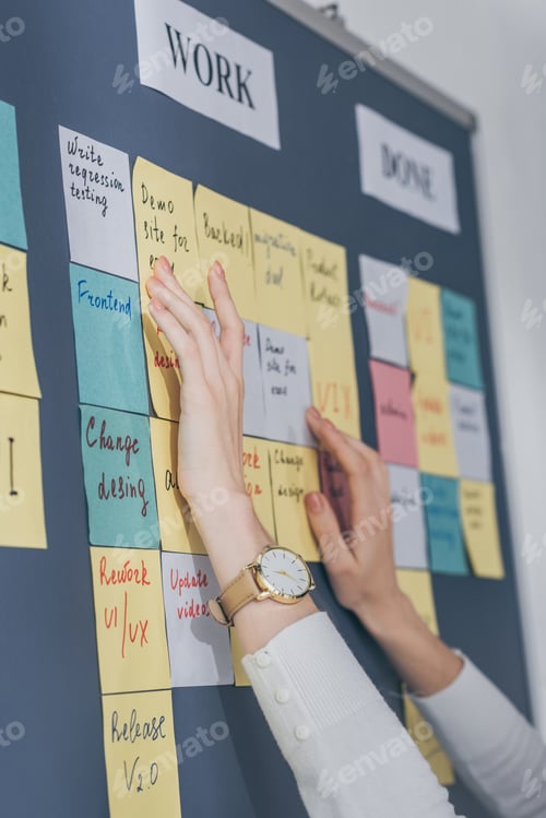 Preview: cropped view of scrum master touching sticky notes with letters in office