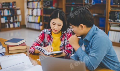Preview: Students are consulting each other working on laptops and searching for books to study,