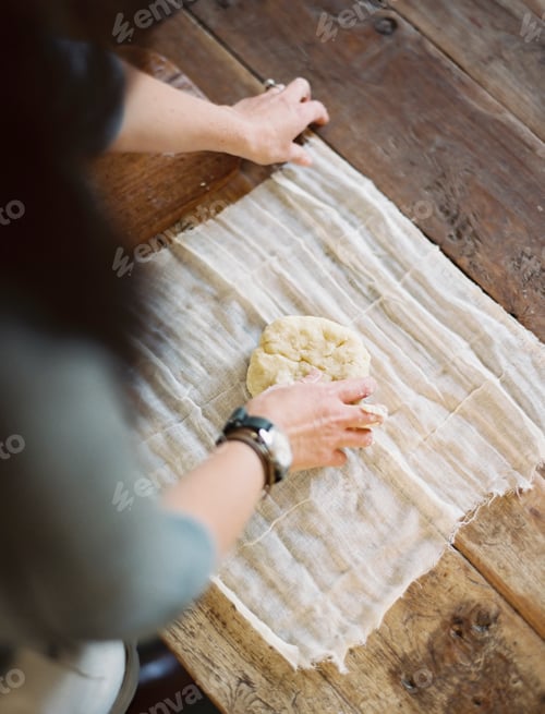 Preview: A domestic kitchen table. A view from above of a woman wrapping pastry in a muslin cloth.