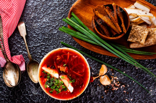 Preview: Russian beeet soup borsh, linen tablecloth, green