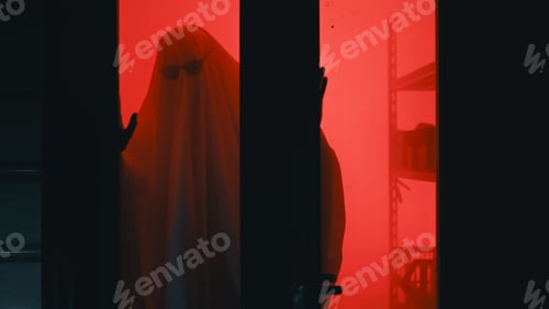 Preview: Silhouette of a ghost behind a glass door with red light on Halloween