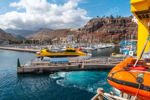 Preview: Port of San Sebastian de la Gomera seen from the ferry heading to Tenerife. Canary Islands