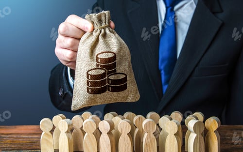 Preview: Businessman holds out a money bag to the crowd.