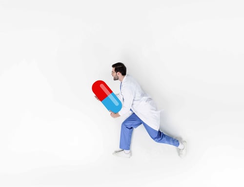 Preview: creative collage of handsome young doctor running and holding drawn pill