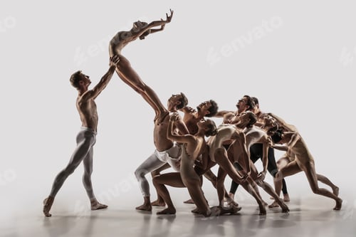 Preview: The group of modern ballet dancers. Contemporary art ballet. Young flexible athletic men and women