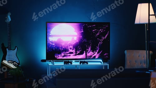 Preview: TV screen showing 3D render animations in empty stylish neon lit home studio interior