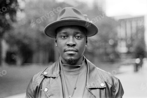 Preview: Classic portrait of confident man in the street in black and white image.